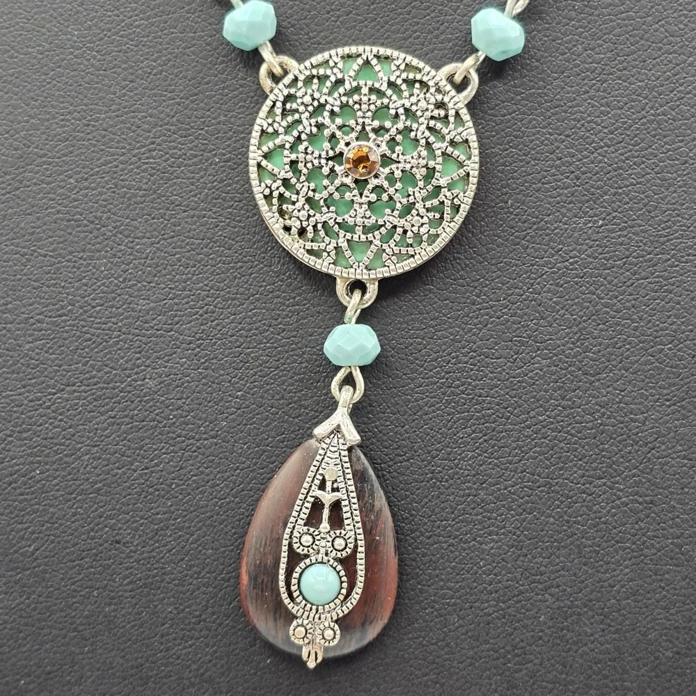 Vintage Napier Bohemian Filigree Mandala Turquoise Beaded Teardrop Necklace 18in